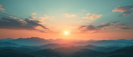 Wall Mural - Breathtaking sunset over rolling hills with soft pastel colors illuminating the sky in a serene mountain landscape