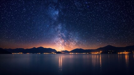 Wall Mural - milky way galaxy reflecting on lake with mountains at night