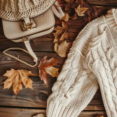 Wall Mural - Warm sweater, bag and dry leaves on brown wooden background, flat lay with space for text. Autumn fashion