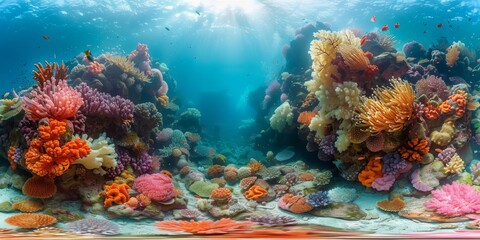 Canvas Print - An immersive 360-degree panorama of an underwater reef, teeming with colorful coral formations and exotic marine life, inviting