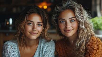 Poster - mother, mature daughter in kitchen sitting on floor, talking closeness of mom, her adult offspring