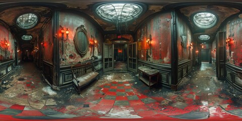 Wall Mural - An immersive 360-degree panorama of a haunted mansion maze, filled with eerie corridors and ghostly apparitions lurking in