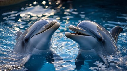 Two dolphins swimming in a blue pool, facing each other, with their heads above the water.