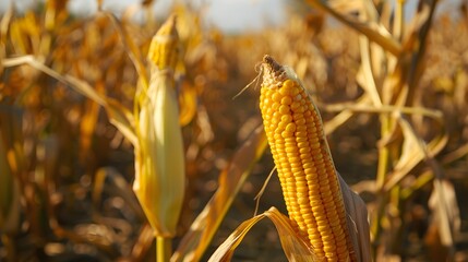 Close-up of ripe corn cobs growing on healthy stalks in a well-maintained farm field.