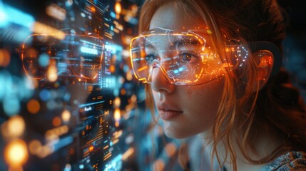 Poster - Generate a futuristic depiction of VR goggles users interacting with advanced AI animations and spinning holographic interfaces.
