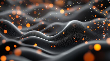 Poster - Dynamic wave patterns with glowing orange particles against a dark background creating a mesmerizing visual effect