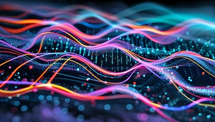 Futuristic neon waves illustrating connection and cybersecurity in the digital transformation of big data, network energy, programming, and software computing