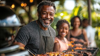 Canvas Print - multi generation family grilling outside on patio in summer during garden party