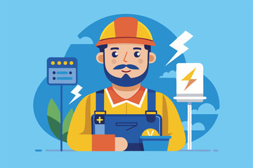 Poster - An electrician stands confidently with tools, surrounded by electrical symbols, ready to tackle any electrical installation or repair task.