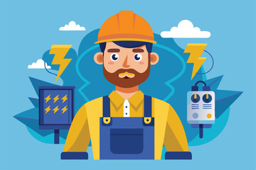 Aufkleber - An electrician in safety gear stands confidently among electrical equipment, surrounded by clouds and lightning icons, focused on his task.