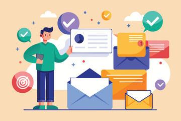 Poster - A person stands confidently with a smartphone, showcasing various customizable emails in a vibrant digital workspace filled with colorful envelopes.