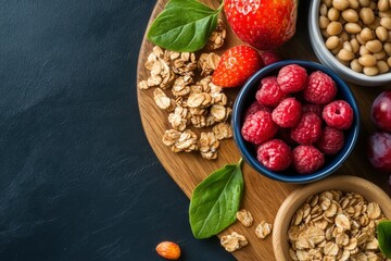 An assortment of fresh fruits, nuts, and grains arranged beautifully on a wooden platter. Perfect for a healthy snack or breakfast inspiration.