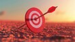 © Arush - A close-up of a target with an arrow embedded in it, symbolizing focus and goal achievement against a vibrant sunset.
