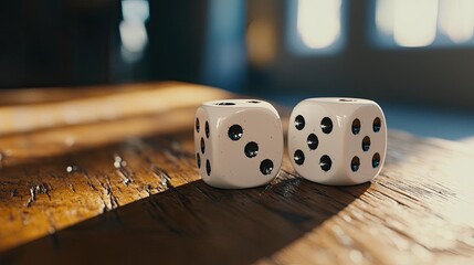 Close-up of two dice resting on a wooden table, showcasing intricate details and soft lighting, perfect for games and luck themes.