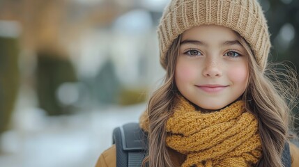 Poster - outdoor portrait of cute young girl with beanie hat, backpack girl with long hair going to school banner with copy space