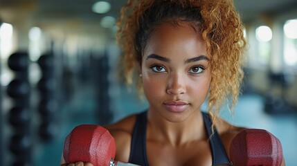 Wall Mural - overweight woman exercising in gym using dumbbells