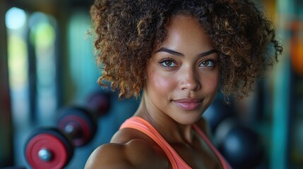 Wall Mural - overweight woman exercising in gym using dumbbells