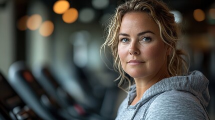 Wall Mural - overweight woman exercising on treadmill in gym