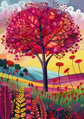 Sticker - Abstract Colorful Tree Landscape with Flower