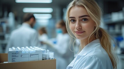 Poster - pharmaceutical sales representative talking with female doctor in medical building convicing her to try new pharmaceutical product doctor holding box with drug samples