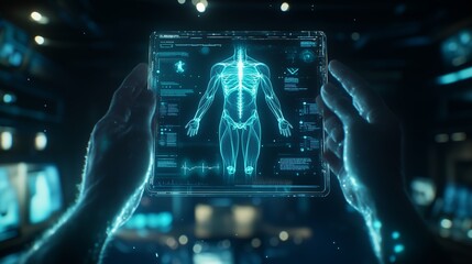 Poster - hands holding a transparent tablet displaying holographic human anatomy in a futuristic laboratory s