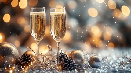 Fototapete - Elegant New Year celebration background featuring luxurious gold and silver theme with champagne glasses party streamers and sparkling lights