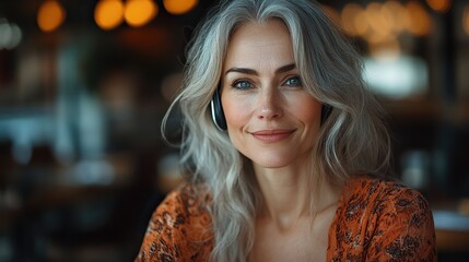 Canvas Print - portrait of beautiful woman with gray hair using speakerphone to make call