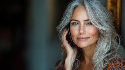 Canvas Print - portrait of beautiful woman with gray hair using speakerphone to make call