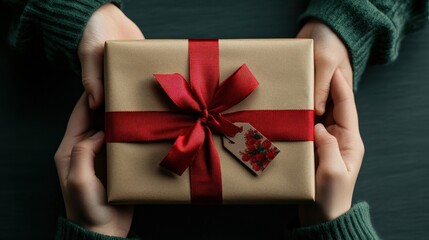 A close-up of hands green silk shirt a Christmas present with red ribbon and a festive gift tag