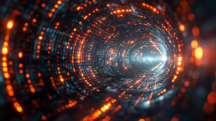 Abstract Orange Digital Tunnel With Glowing Lights. Generative AI