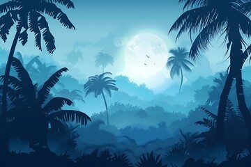 Tropical Rainforest Landscape With Palm Trees And Full Moon