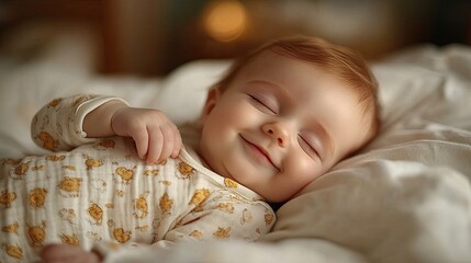 Wall Mural - portrait of cute little baby sleeping in bed on belly closed eyes