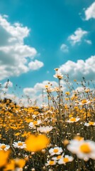 Wall Mural - White and Yellow Flowers Blooming in a Field Under Blue Sky