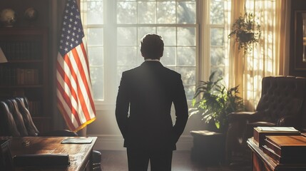 Wall Mural - Back view of American impersonal politic or future possible president standing in room in white house next to an American flags in United states government office. President election 2024 concept