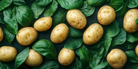 Wall Mural - Fresh potatoes scattered among vibrant basil leaves create a natural and organic feel. Perfect for food photography or culinary projects. This image highlights simplicity and freshness. AI