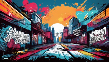 Wall Mural - A vibrant street scene with colorful graffiti and a large sunset, creating a lively urban atmosphere.