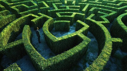 a complex maze with a person standing at the entrance, looking towards the intricate pathways.