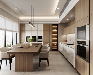 Modern kitchen featuring sleek cabinetry, spacious countertop, and stylish dining area, ideal for contemporary living spaces.