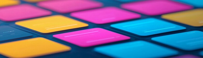 Poster - Vibrant abstract pattern with colorful geometric tiles in blue, pink, and yellow, perfect for backgrounds or graphic design projects.