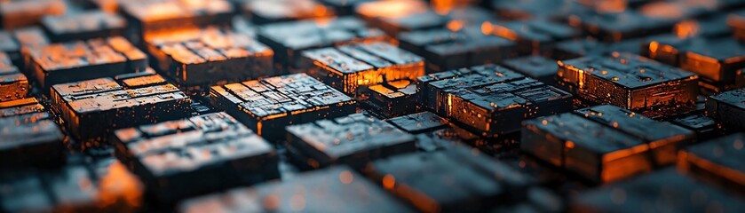 Poster - A close-up view of textured metal blocks illuminated by warm light, showcasing intricate details and depth in a dynamic composition.