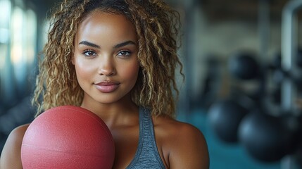 Poster - portrait of overweight woman exercising in gym holding medicine ball