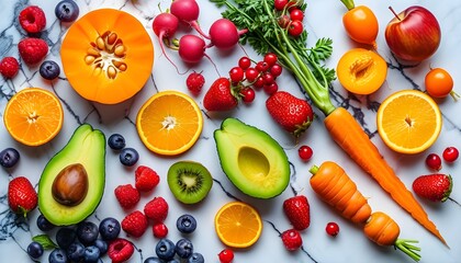 Vibrant Arrangement of Fresh Fruits and Vegetables on Marble Background Celebrating Healthy Eating and Colorful Culinary Diversity