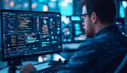 Poster - A focused individual analyzing code on a dual monitor setup, showcasing software development in a modern tech workspace.