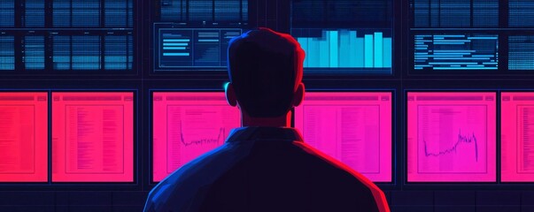 Poster - A person analyzing data in a high-tech control room, illuminated by vibrant blue and pink screens showcasing various graphs.