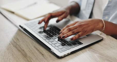 Poster - Black woman, typing hands and laptop with search for information, startup and remote work in home. African entrepreneur lady, keyboard and computer for website, language translation and online course