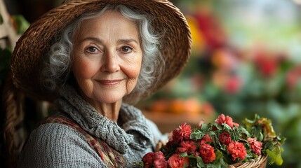 Poster - portrait of senior farmer holding basket with autumn harvest from her garden