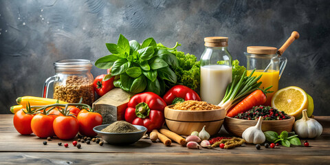 Wall Mural - Ingredients for preparing a healthy meal , fresh, organic, vegetables, fruits, cooking, ingredients, kitchen