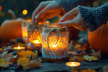 Hands delicately arrange decorated candle jars with twine and lace, illuminated by candles, amidst vibrant autumn leaves and pumpkins.