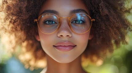 Poster - portrait of young happy multiracial teenage girl with sunglasses, afro hairstyle standing outdoor