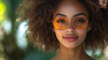 Poster - portrait of young happy multiracial teenage girl with sunglasses, afro hairstyle standing outdoor
